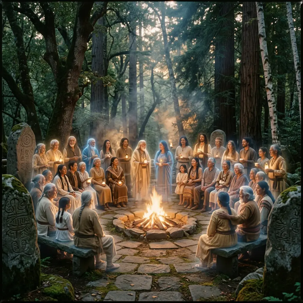 Group of people in natural clothing holding candles around campfire in forest clearing